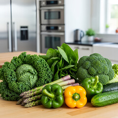 Fresh Green and Yellow Vegetables on a Wooden Cutting Board in a Modern Kitchen, Healthy Cooking.