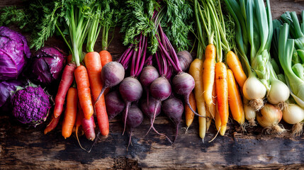 World Food Day. fresh organic vegetables arranged neatly on a wooden surface