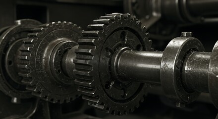 Fototapeta premium Industrial Relic: Detailed Close-Up of Worn, Dusty Black Metal Gears
