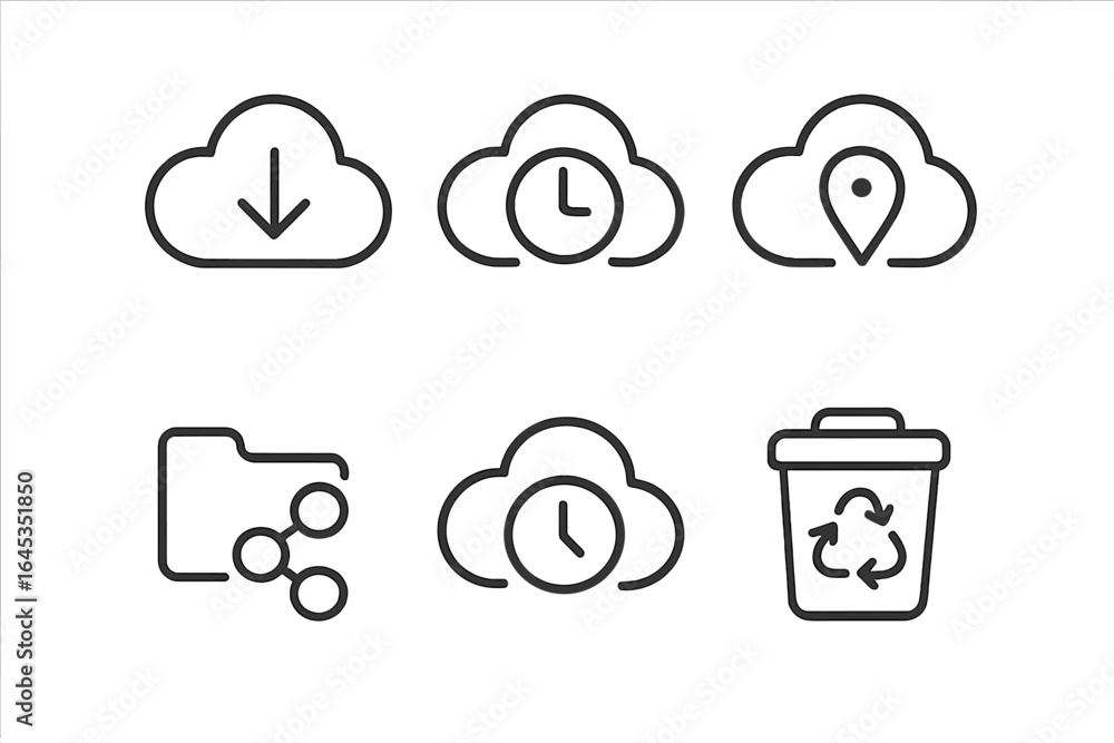 Aufkleber icons representing cloud storage features including download, backup, location tracking, and file ma