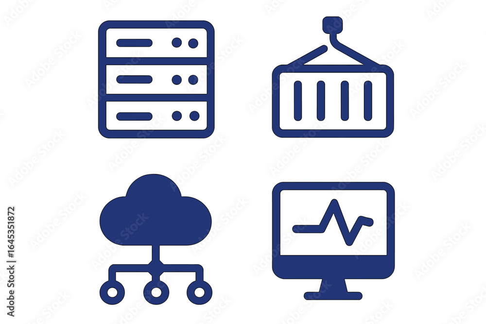 Aufkleber icons representing technology concepts including servers, cloud computing, and data monitoring syste