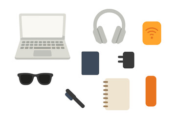 Fototapeta premium Collection of essential tech and study items arranged on a clean background for a productive work environment