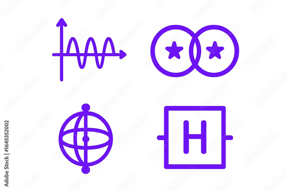 Poster various purple symbols representing data analysis and connectivity displayed on a white background