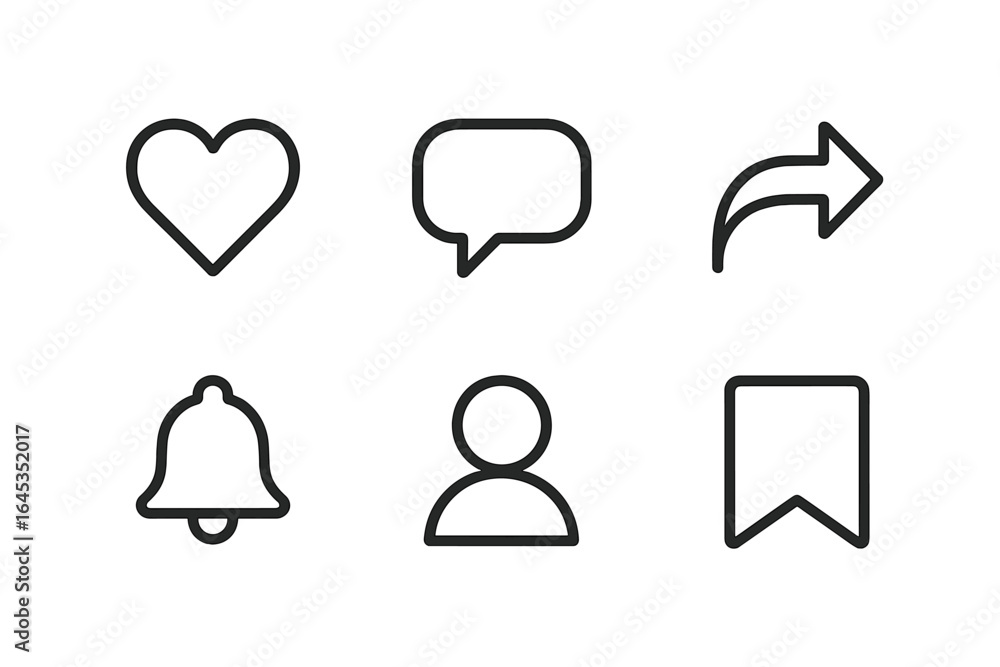 Aufkleber set of simple line icons representing social media actions and notifications, ideal for digital comm