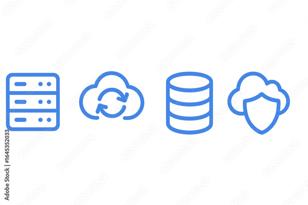 Poster cloud computing icons representing data storage, synchronization, security, and server management in