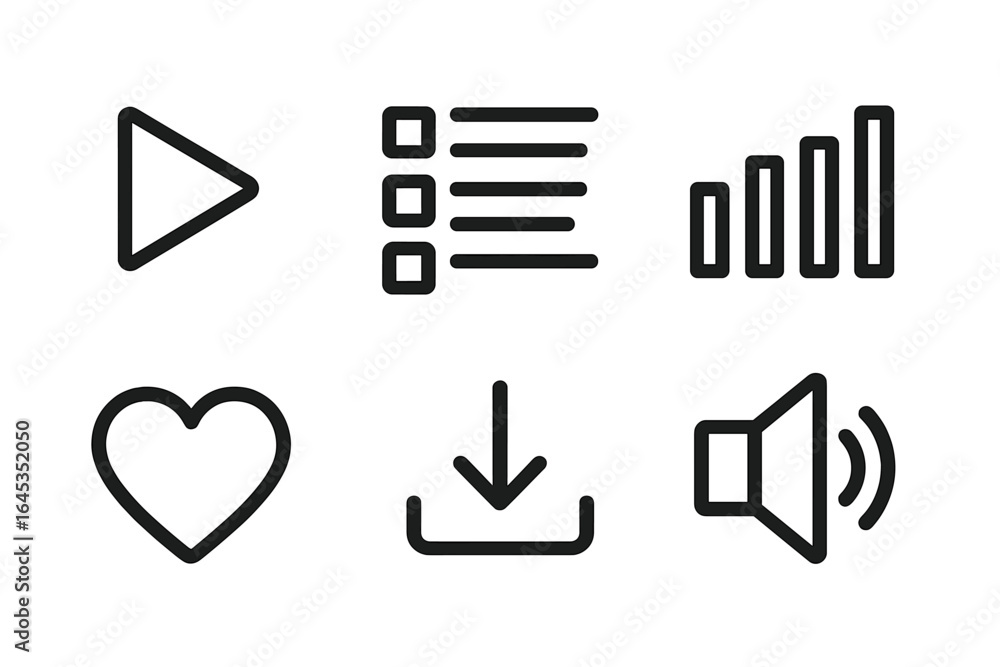 Aufkleber symbols representing media controls, user interface elements, and interaction features commonly foun