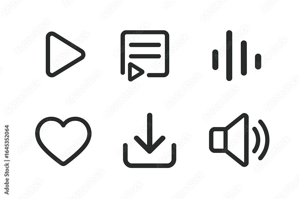 Aufkleber icon set for media controls reflecting various functionality in a minimalist style