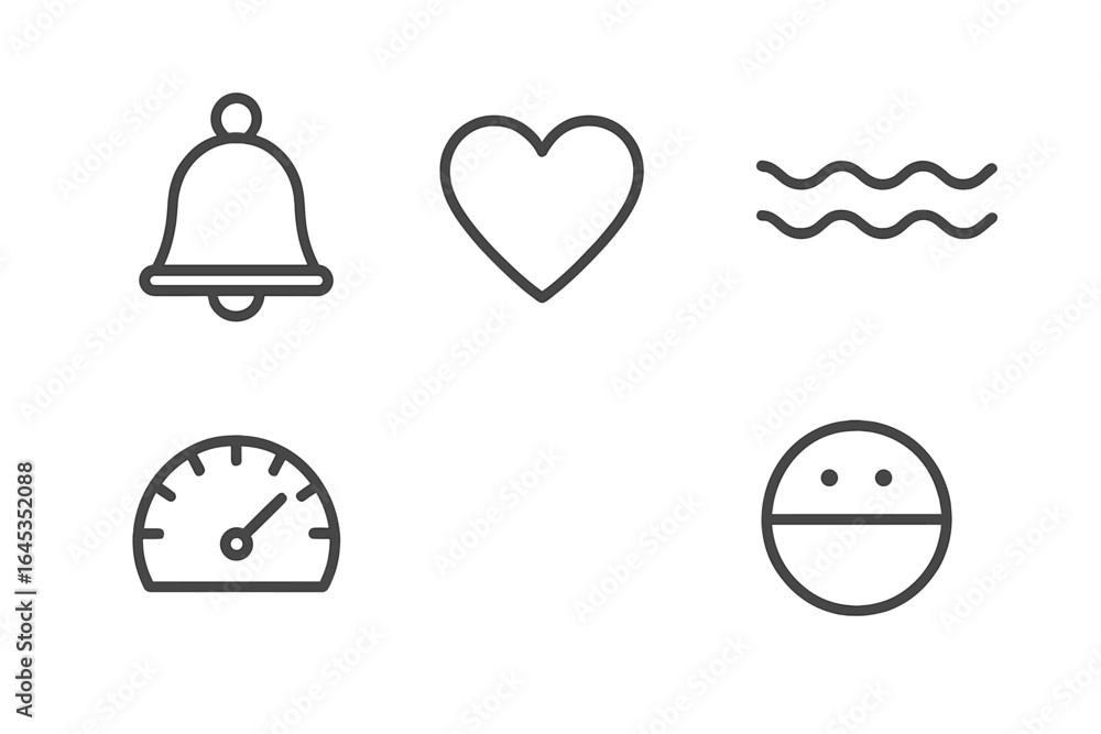 Poster collection of simple line icons representing notification, love, waves, speed, and expression symbol