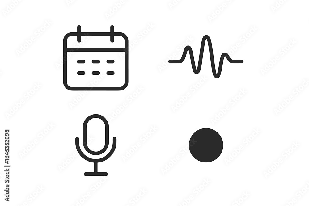 Poster vector icons representing a calendar, sound wave, microphone, and dot, illustrating concepts of sche