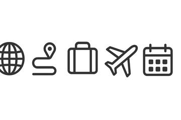 Travel planning symbols depicting globe, map, suitcase, airplane, and calendar for organizing trips effectively