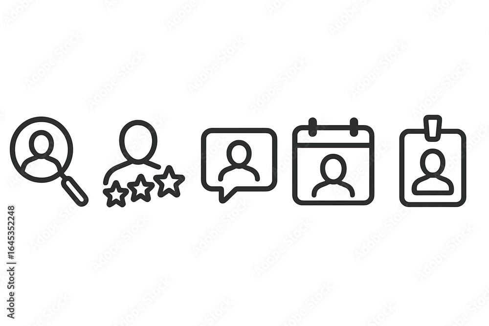 Aufkleber icons representing user interaction features for a digital platform focused on reviews and schedulin