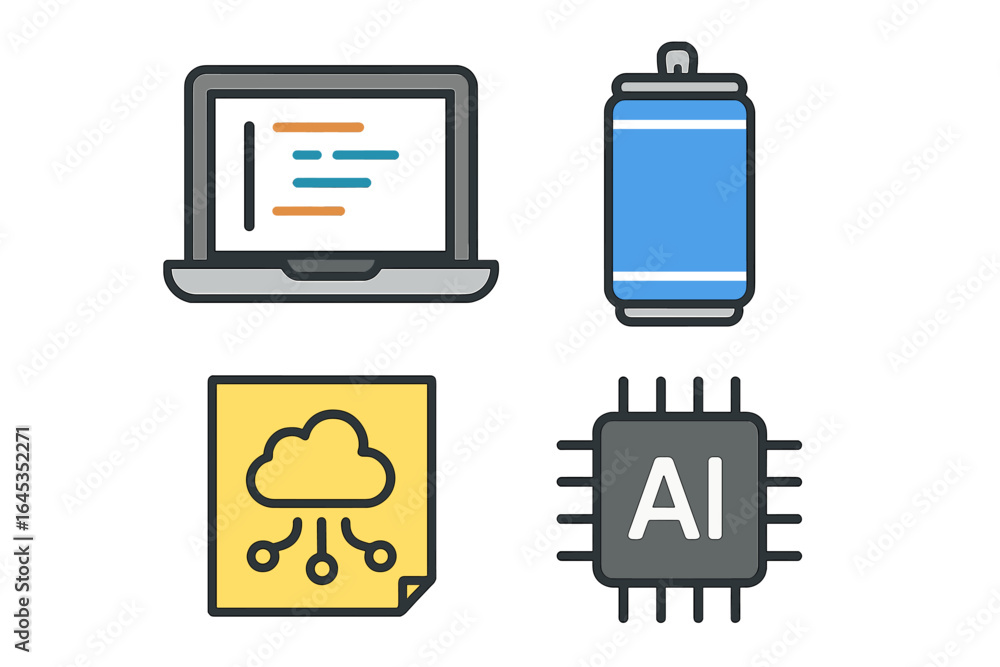 Poster technology symbols illustrating programming, artificial intelligence, and cloud computing concepts i