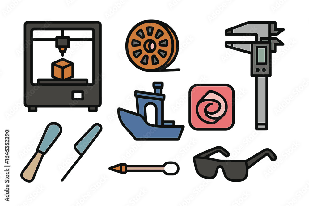 Aufkleber tools and equipment for 3d printing and modeling displayed in a creative layout at a workshop