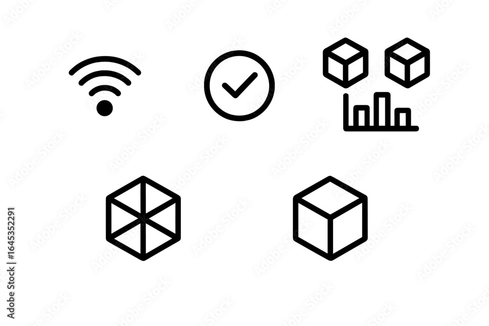 Aufkleber set of minimalist icons representing technology, connectivity, and data analysis in a digital interf