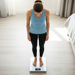 Young Woman Standing on a Digital Scale in a Bright Bedroom, Monitoring Weight.