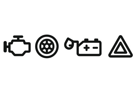 Vehicle dashboard symbols indicating engine trouble, low tire pressure, battery issues, and hazard lights