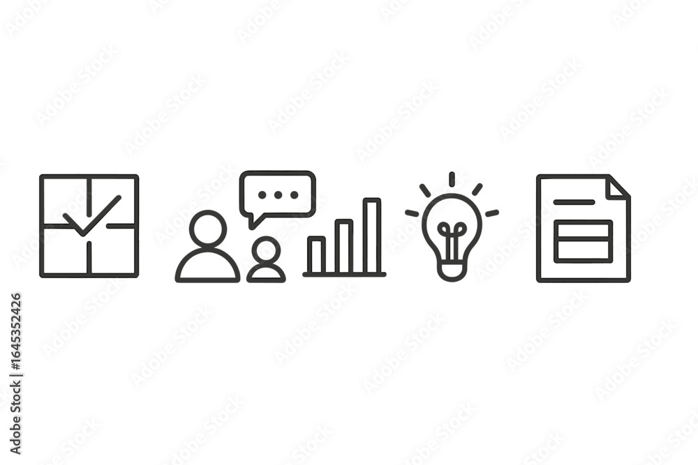 Poster visual representation of business concepts showing planning, communication, data analysis, creativit