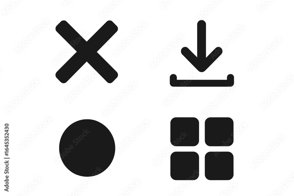 Poster various simple black icons representing actions such as closing, downloading, and organizing display
