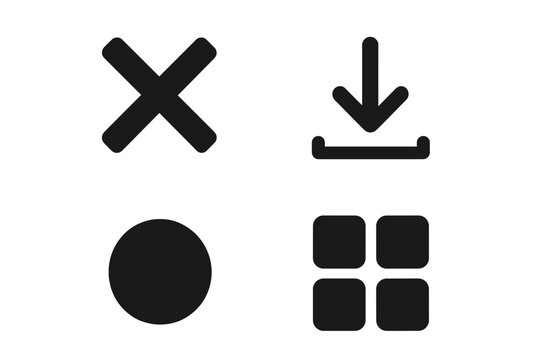 Various simple black icons representing actions such as closing, downloading, and organizing displayed in a minimalistic style
