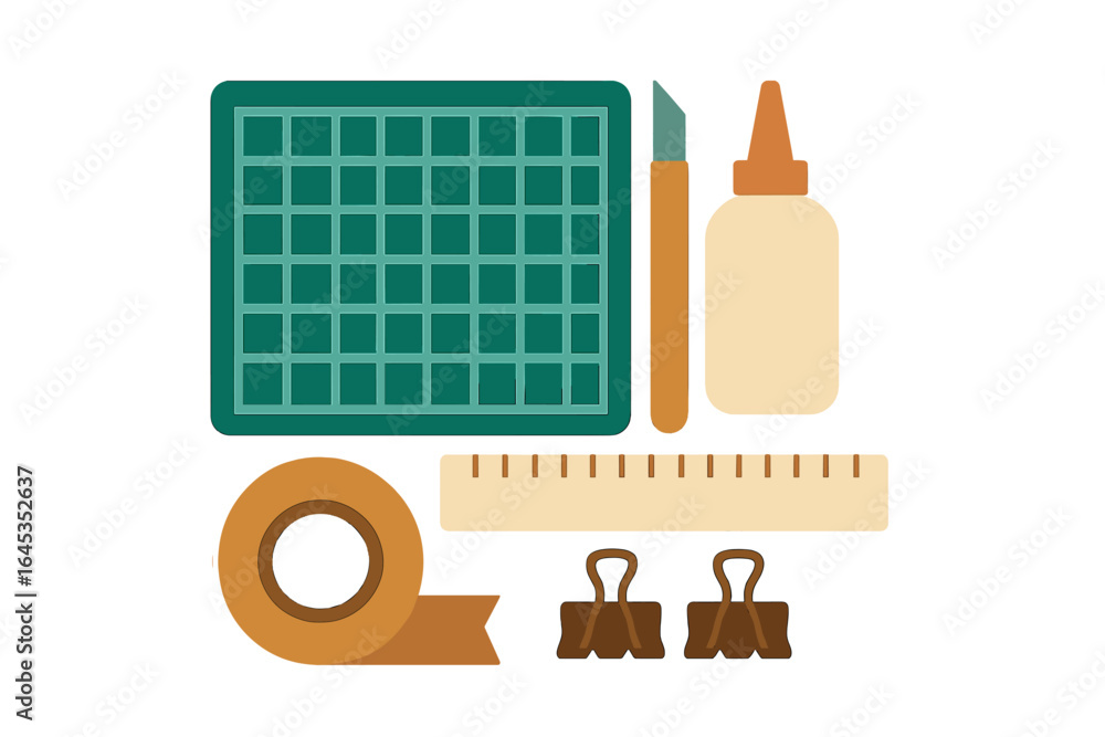 Poster crafting tools arranged neatly on a flat surface for creative projects