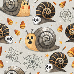 Spooky seamless pattern featuring cartoon snails with Halloween faces, candy corn, skulls, and spider webs on a gray background.