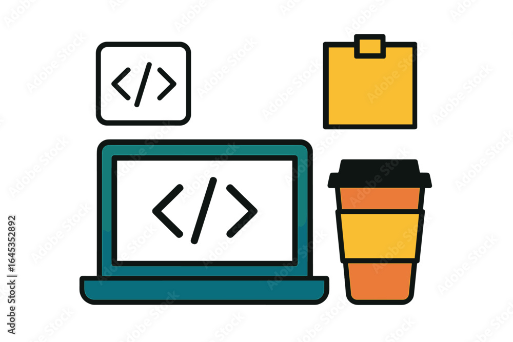 Poster coding concepts displayed with a laptop, takeout container, and coffee cup in a modern workspace set