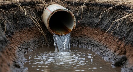 Industrial pipe tube with leak in trench in ground. Repair plumbing on site outdoor. Heating system. Building plumbing infrastructure