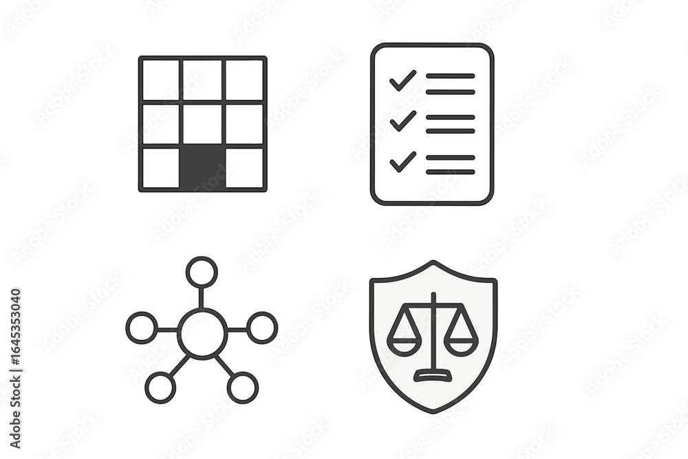 Aufkleber elements of organization and security represented through icons of a grid, checklist, network, and s