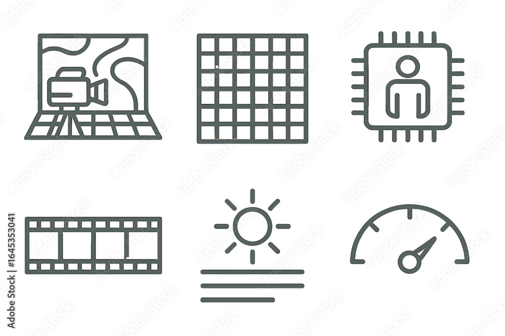 Poster icons representing various aspects of video production and technology in a minimalistic style