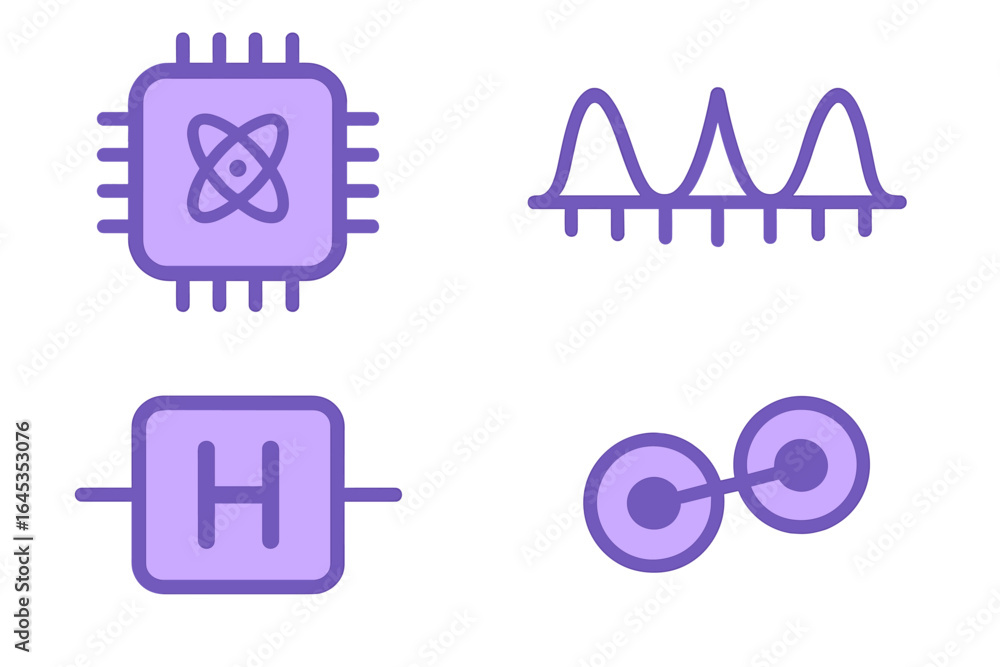 Poster colorful abstract graphics depicting electronic components and waveforms in purple tones for tech de