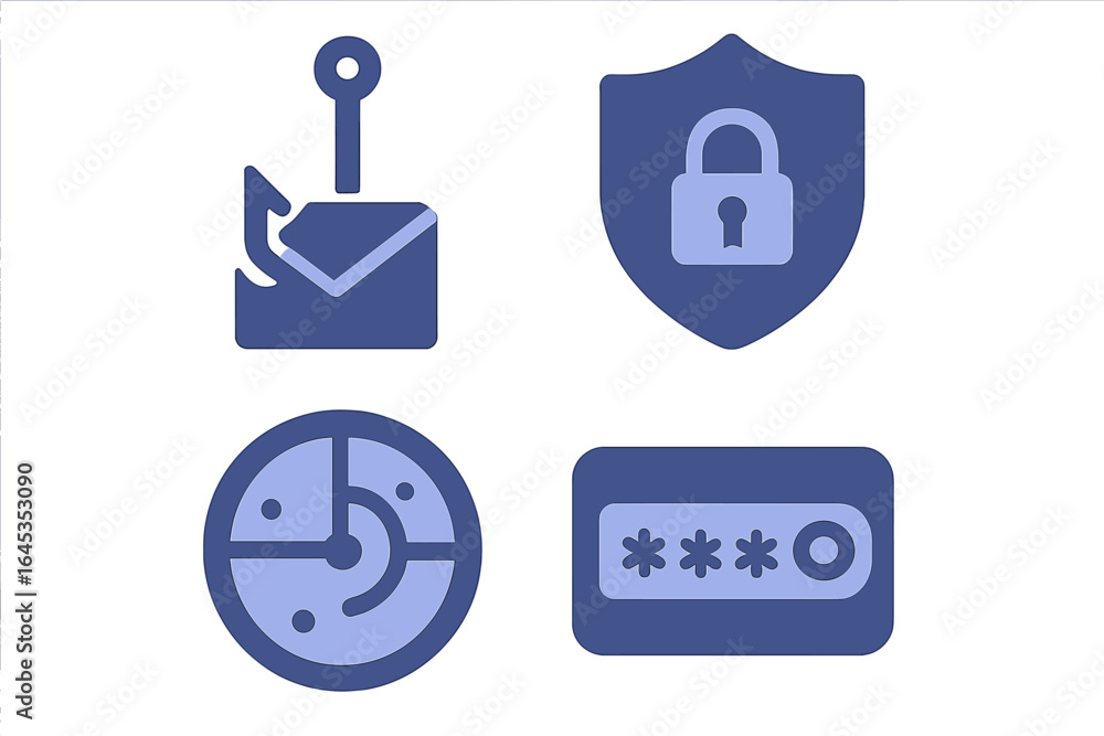 Aufkleber exploring cybersecurity concepts with icons representing phishing, authentication, and data protecti