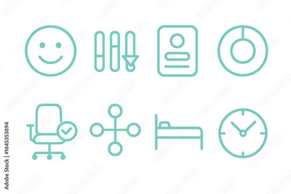 Poster modern icons representing various aspects of work and life, ideal for a digital workspace or product
