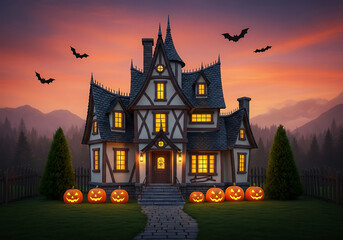 Halloween decorated house with pumpkins and bats at dusk