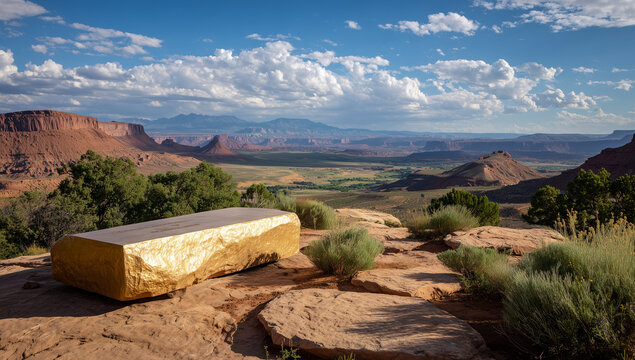 Golden Monument in Desert Canyon Landscape under Blue Sky