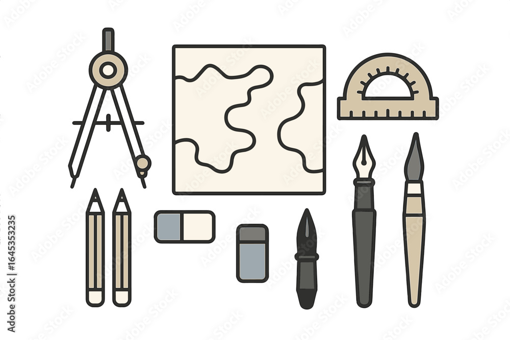 Aufkleber drawing tools arranged neatly on a workspace with an artistic map as the focal point