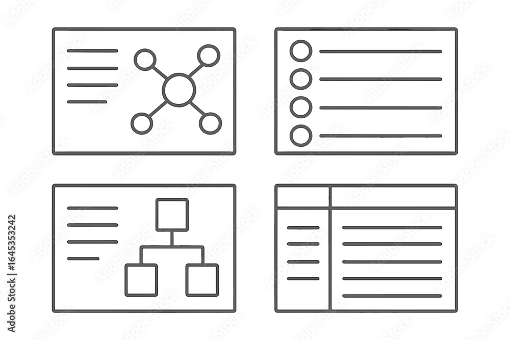 Poster organizational layout designs showcasing different types of visual information presentation methods 