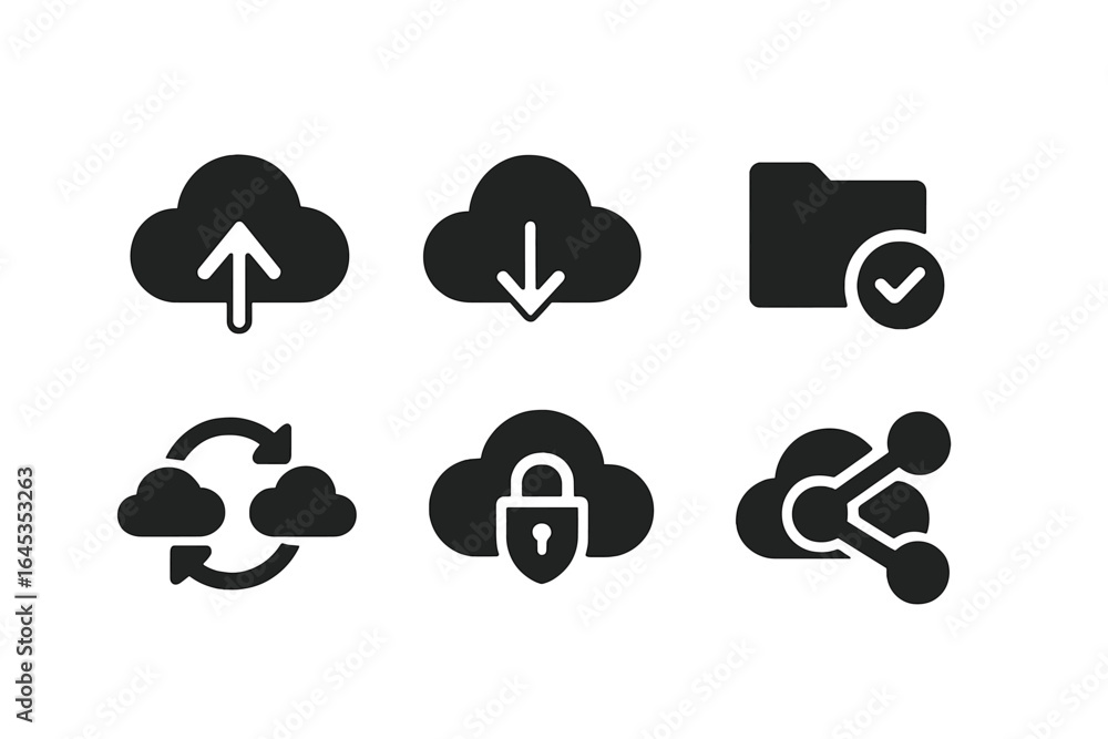 Aufkleber icons representing various cloud computing functions and activities for digital file management