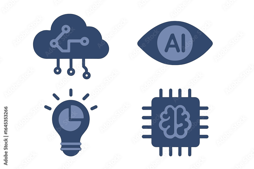Poster modern digital symbols representing technology and artificial intelligence concepts in a creative de