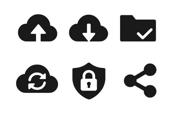 Collection of cloud storage icons showcasing upload, download, share, sync, and security features for digital files