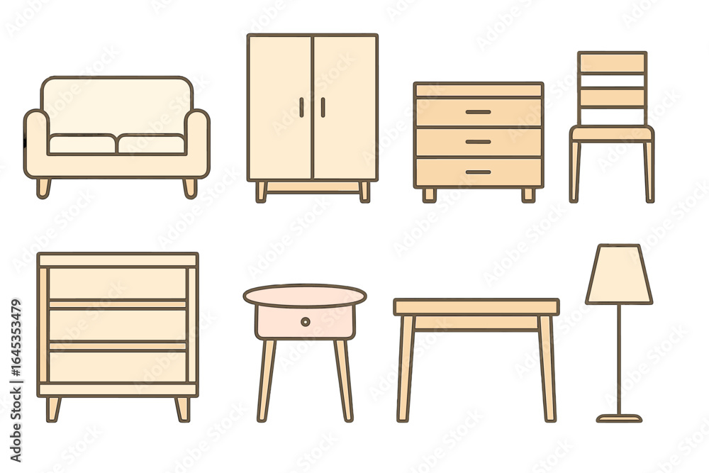 Poster soft styles of modern furniture designs showcasing variety of shapes and functionality in simple lin