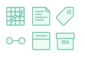 Graphs, documents, tags, and organizational tools displayed in a minimalist design for business productivity