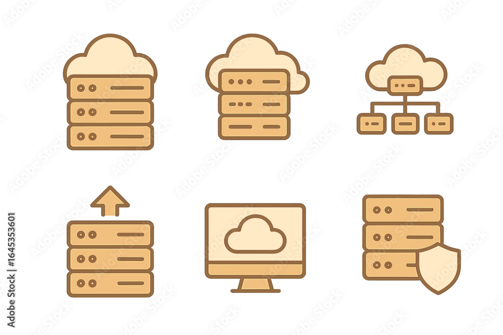 Aufkleber cloud computing icons showcasing servers, storage, and network architecture in a digital environment