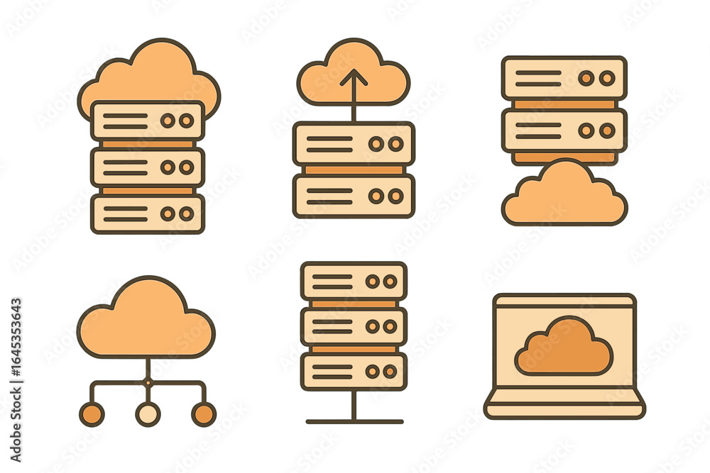 Aufkleber cloud storage icons representing data management, server architecture, and network connectivity in a