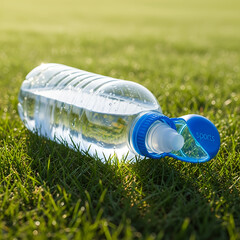 Clear Plastic Water Bottle Lying on Green Grass, Refreshment in Nature.