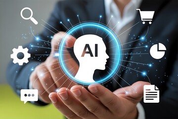 Futuristic AI Data Network Interface with Glowing Blue Icons and Digital Connection Lines