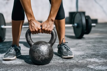 Athlete lifting a heavy kettlebell during an intense workout session, showcasing strength and determination in a gym environment