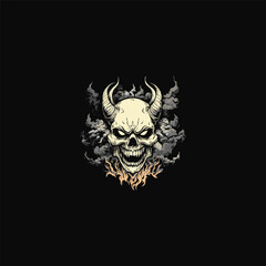 Obraz premium Engraving horned devil skull design vector template illustration