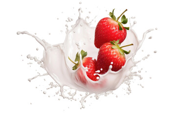Strawberries Cascading Into Creamy Milk Splash. White or PNG Transparent Background.
