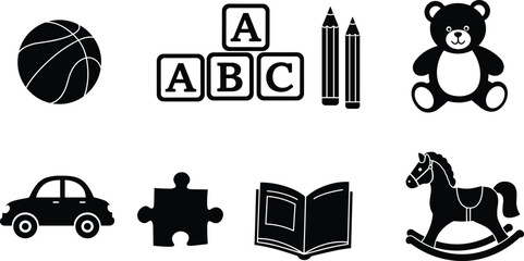 Black and white children's toys icons set – basketball, ABC blocks, pencils, teddy bear, car, puzzle piece, book, rocking horse
