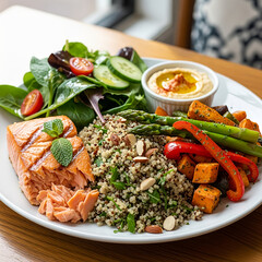 Delicious and Healthy Meal with Salmon, Quinoa, and Fresh Vegetables on Plate